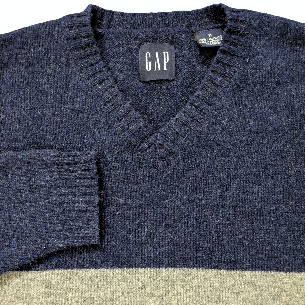 Y2K Gap Mens V-Neck Sweater M Navy Blue 100% Lambswool Stripe Vintage Pullover - Picture 2 of 5